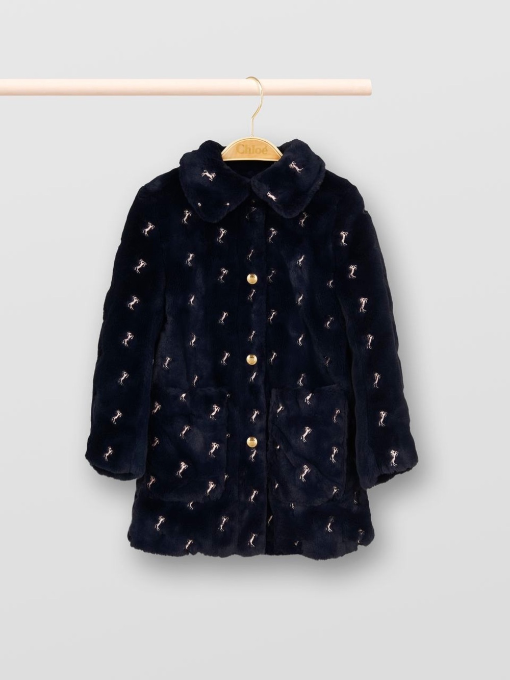 Chloé girls' faux fur coat all-over embroidered horse pattern SZ 6 Navy Blue EUC